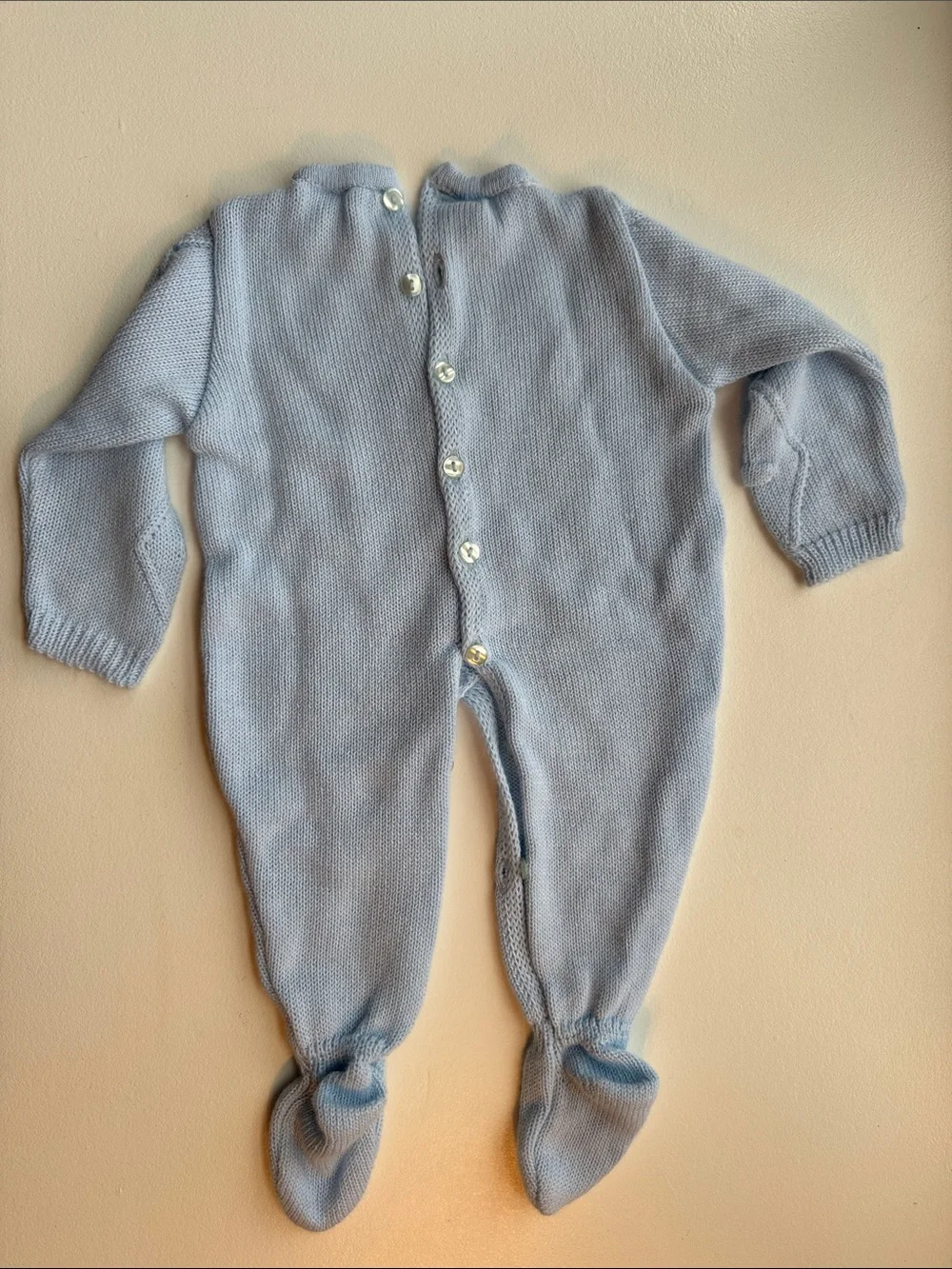 Vintage Knit Footed One-Piece Romper in Light Blue